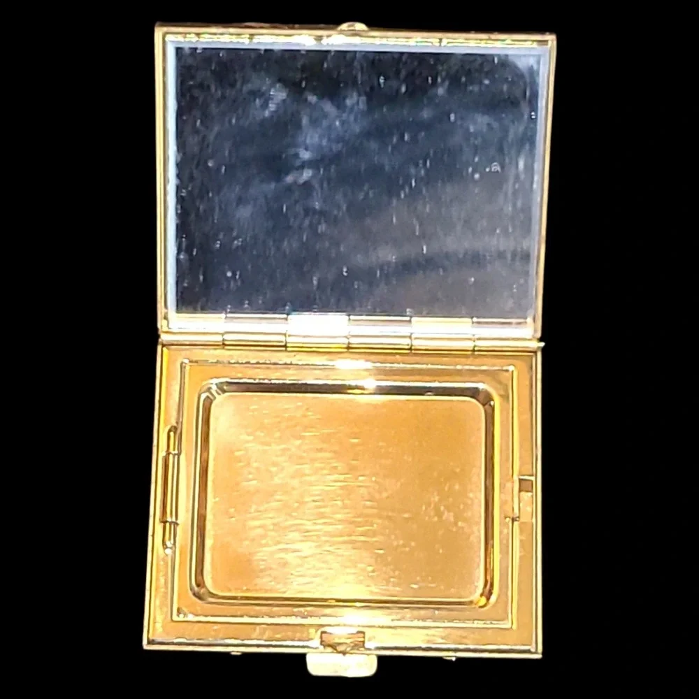 Vintage Gold Tone Powder Compact Mirror Geometric Logo Vanity Case Compact
